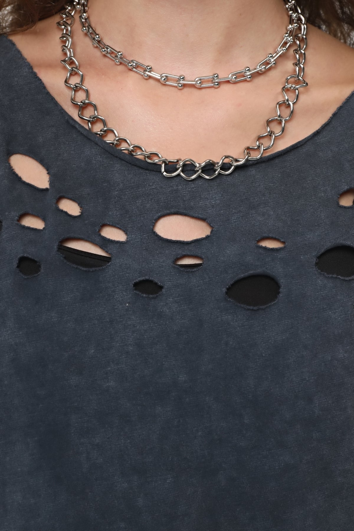 Anthracite Stone Washed Ripped Hem & Neck Women Top Tank