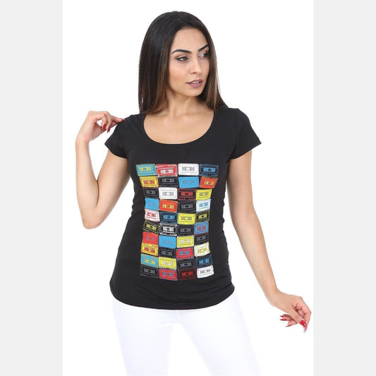 Black Vintage Cassette Printed Cotton Women T-shirt - S-Ponder Shop