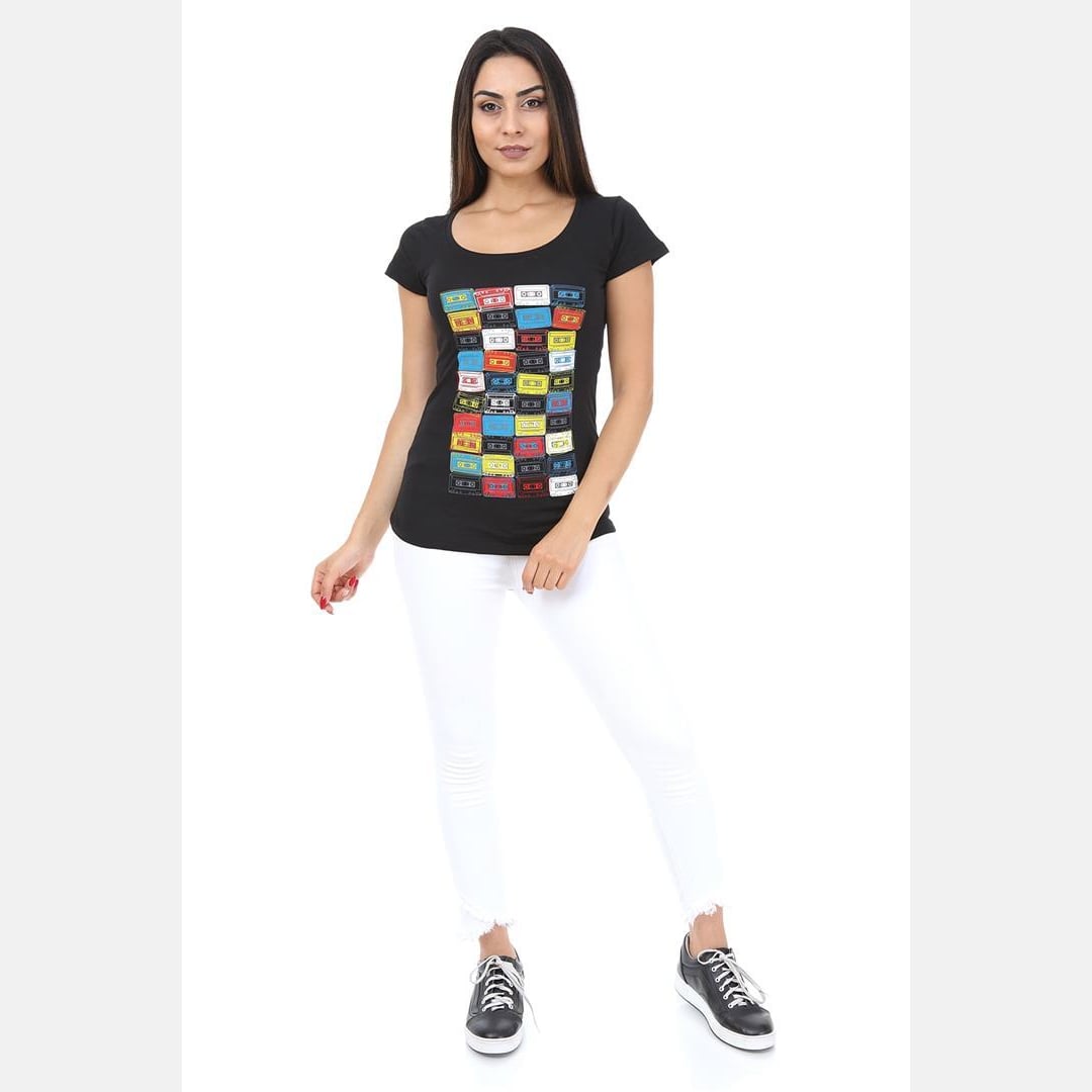 Black Vintage Cassette Printed Cotton Women T-shirt - S-Ponder Shop