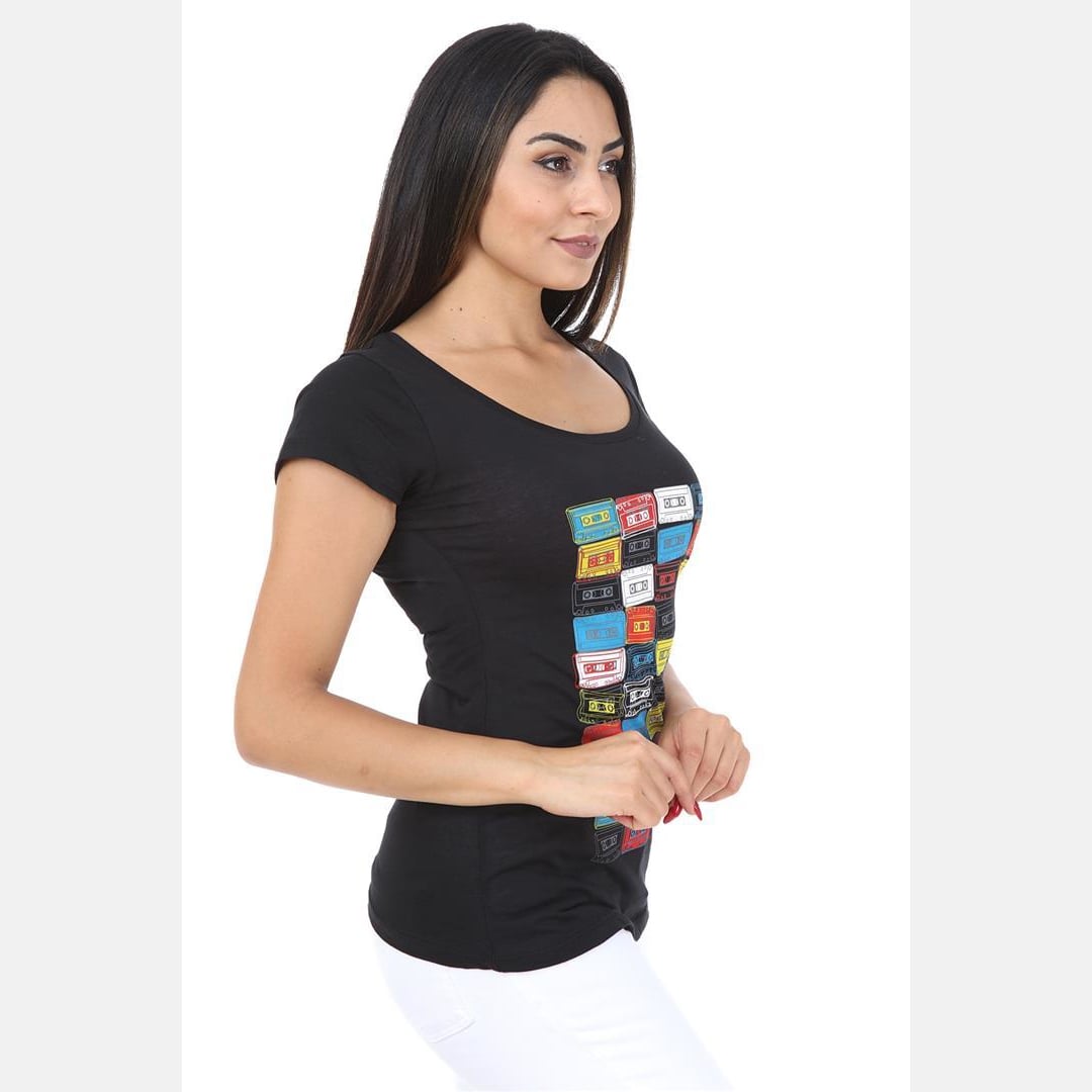 Black Vintage Cassette Printed Cotton Women T-shirt - S-Ponder Shop