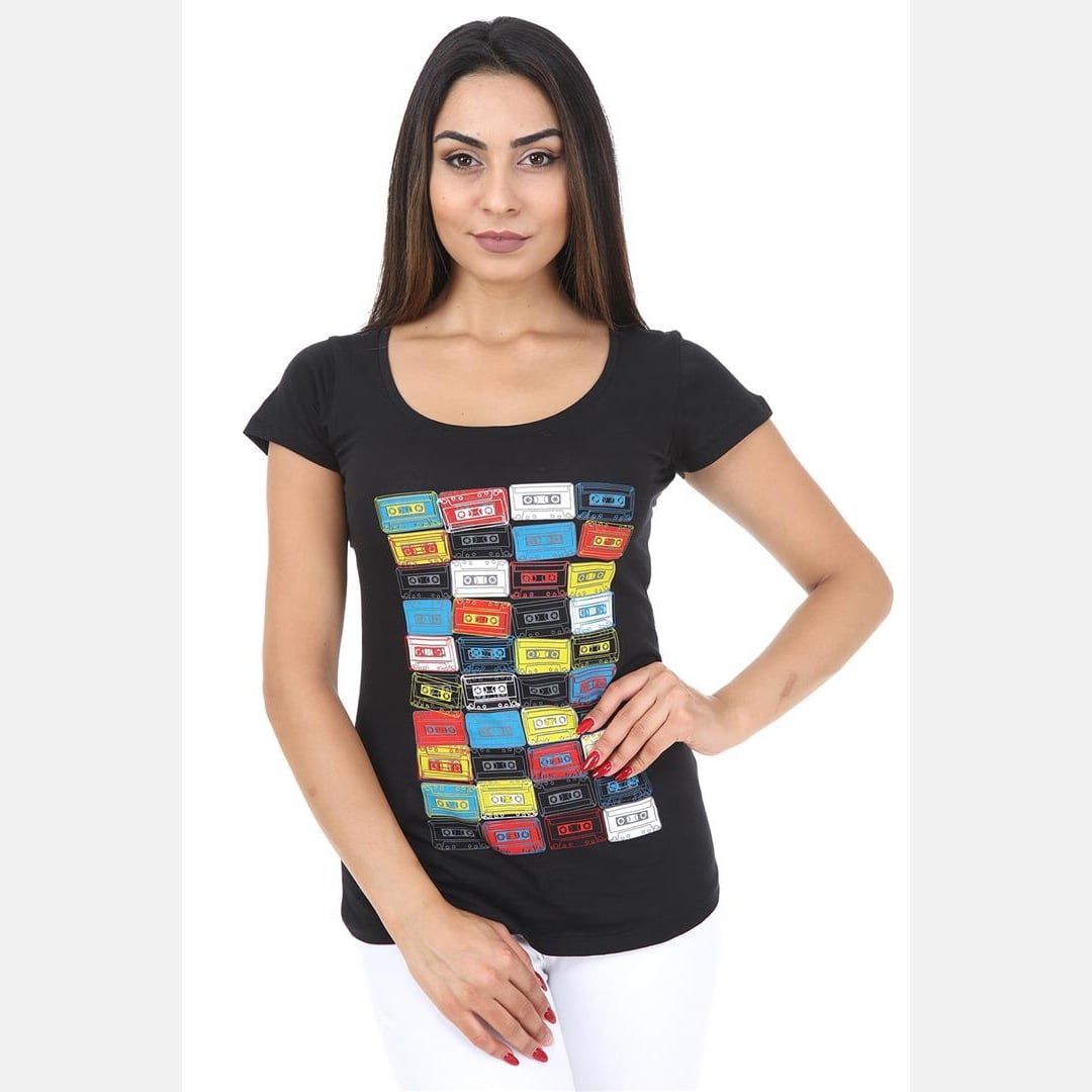Black Vintage Cassette Printed Cotton Women T-shirt - S-Ponder Shop