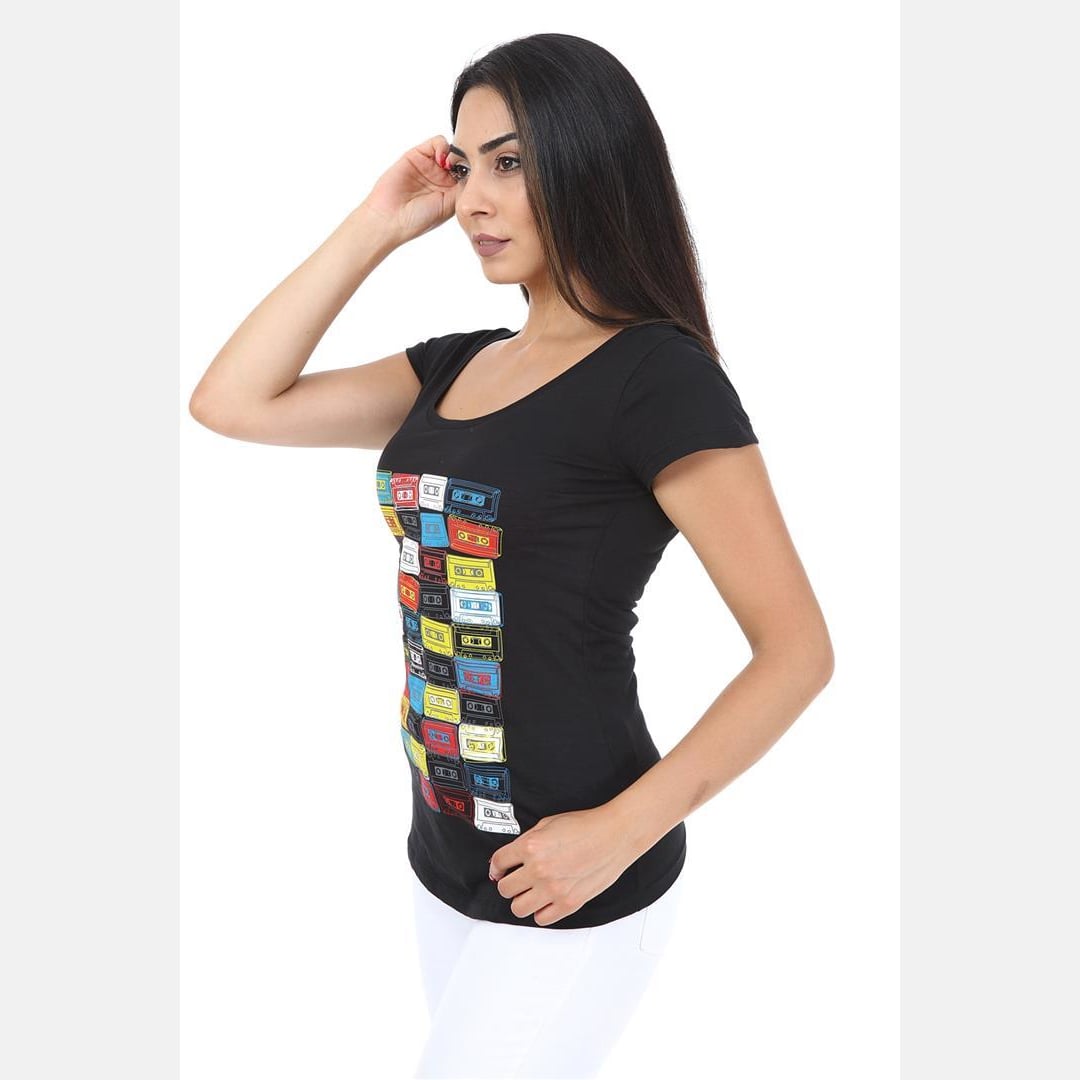 Black Vintage Cassette Printed Cotton Women T-shirt - S-Ponder Shop