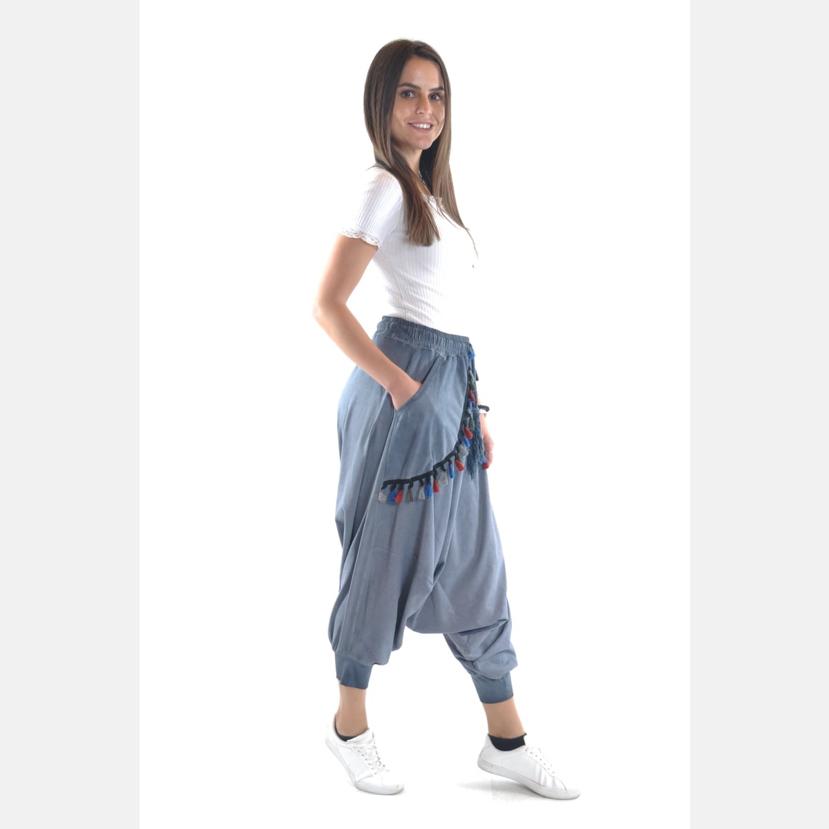 Blue Stone Washed Tasseled Harem Bohemian Cotton Women Trousers Pants Shalwar S-Ponder