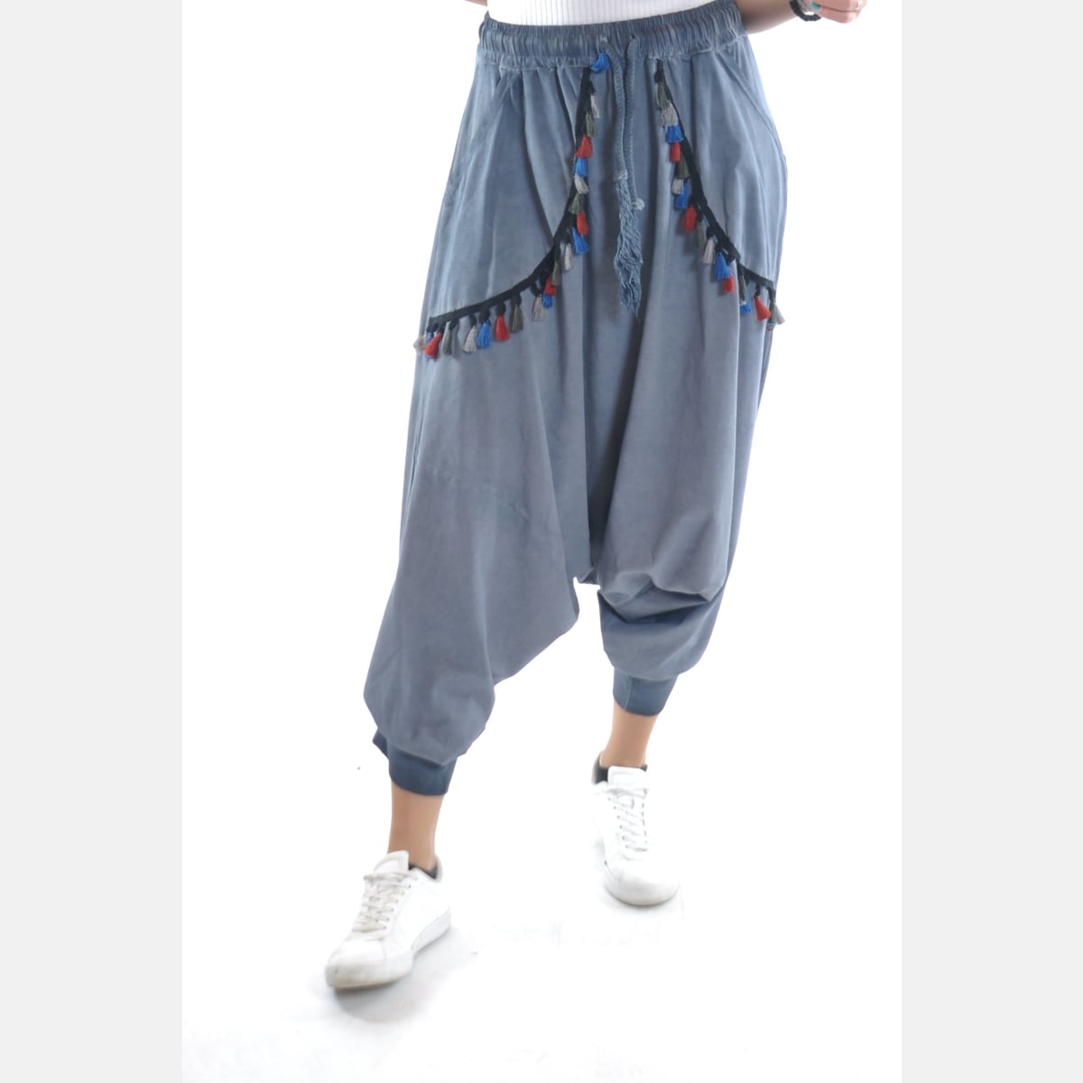 Blue Stone Washed Harem Bohemian Cotton Women Trousers - 