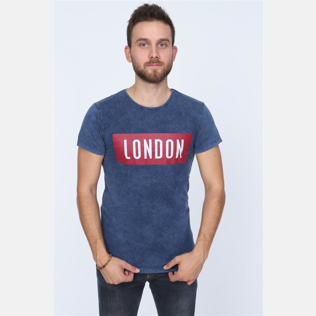 Blue Stone Washed London Printed Cotton T-shirt - S-Ponder Shop
