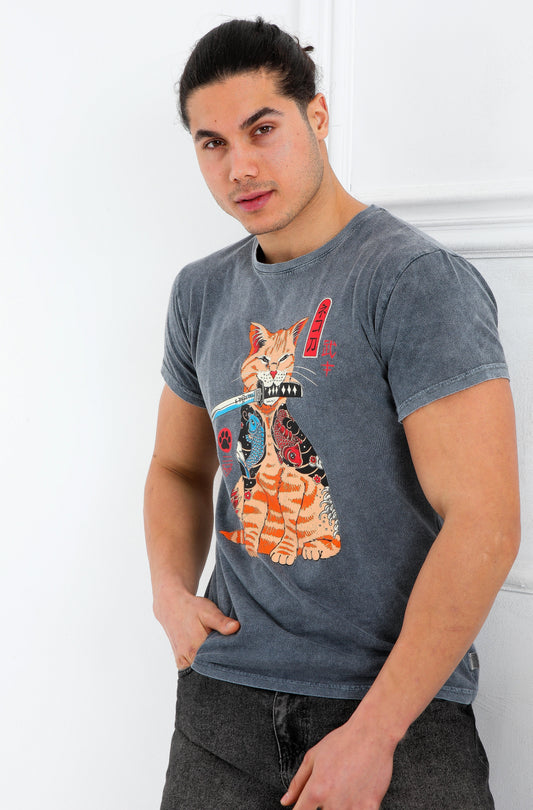 Stone Washed Effect Sword Catana Cat Art  Printed Cotton  T-shirt