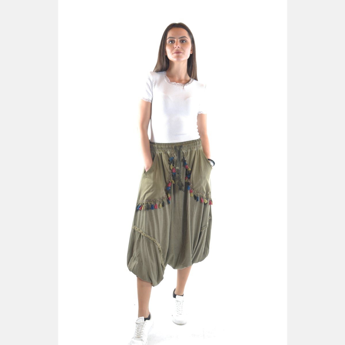 Green Stone Washed Tasseled Harem Bohemian Cotton Women Trousers Pants Shalwar S-Ponder