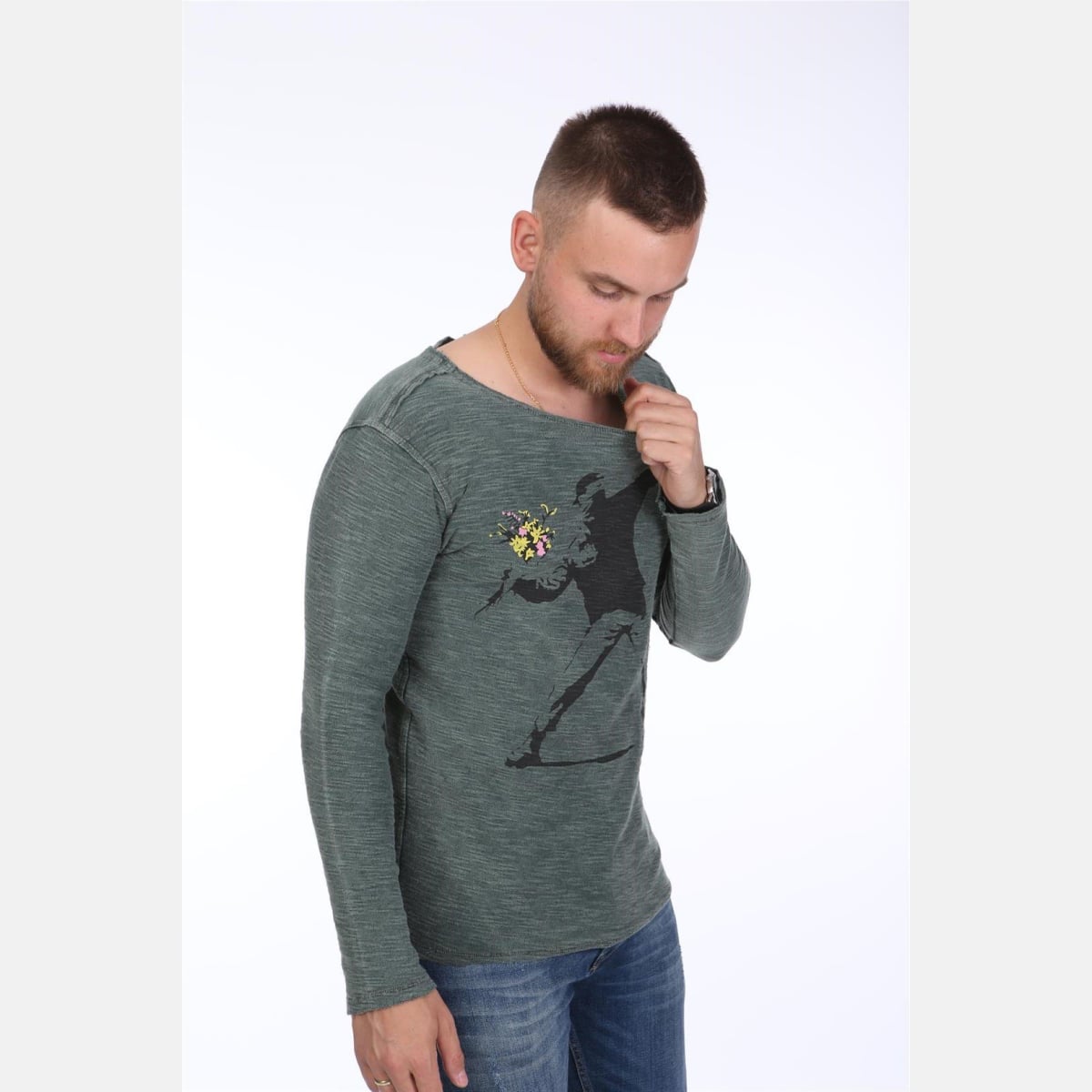 Green The Flower Bomb Thrower by Banksy Printed Cotton Sweatshirt - S-Ponder Shop