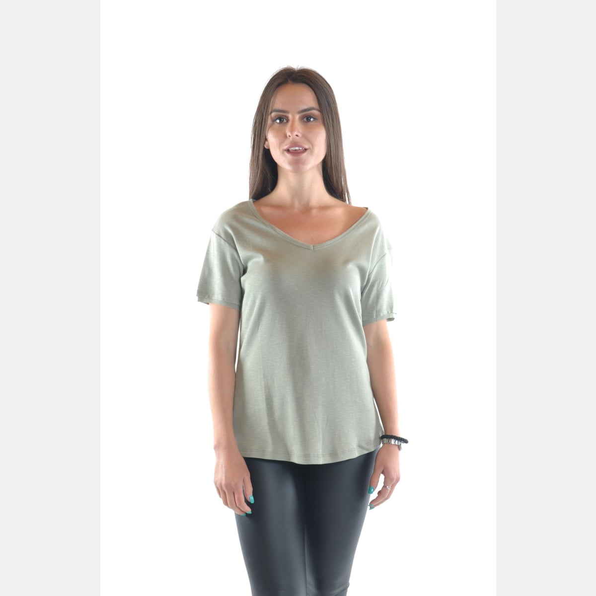 Green V Neck Cotton Women T-Shirt Tee Top S-Ponder