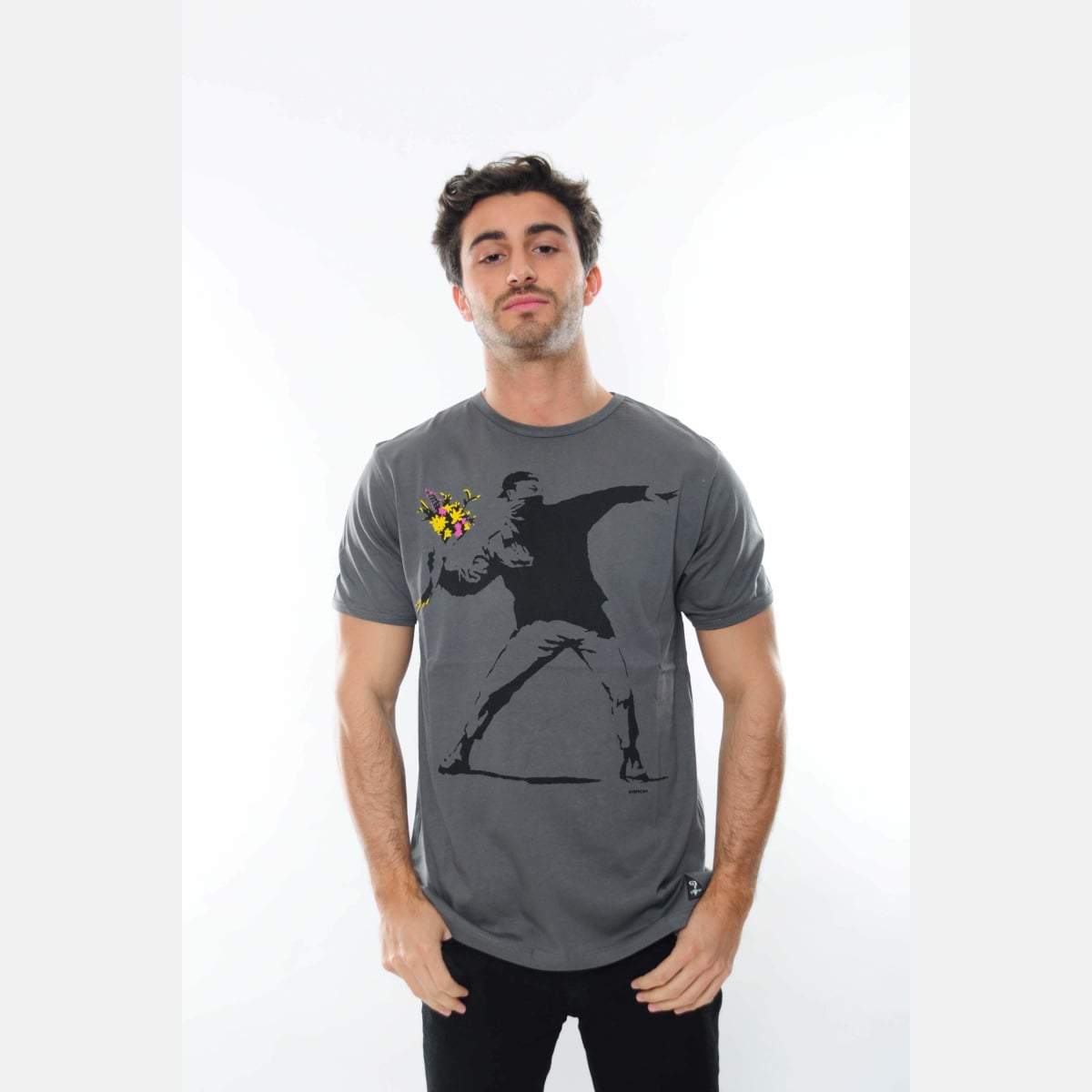 Grey The Flower Bomb Thrower by Banksy Printed Cotton T-Shirt - S-Ponder Shop