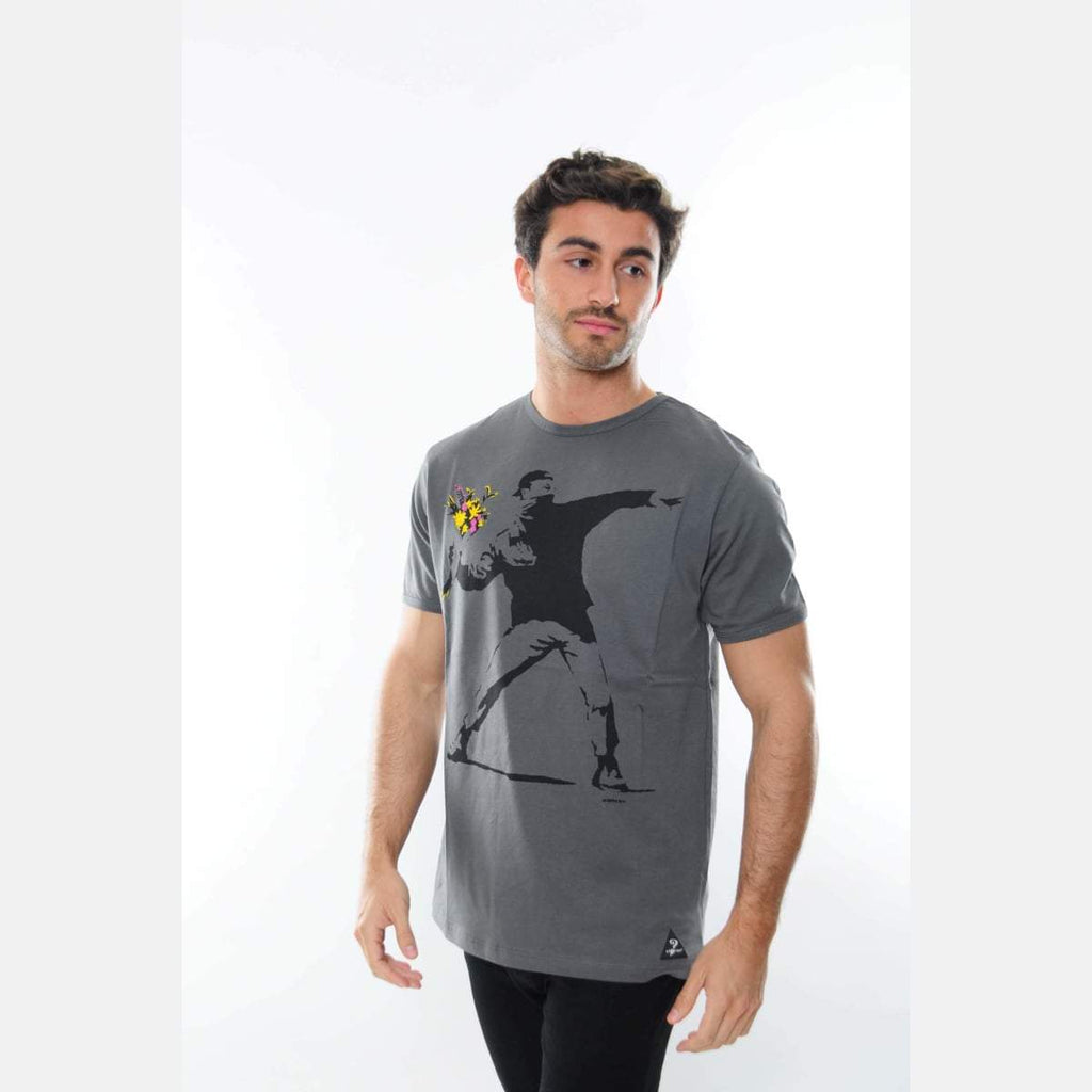 Grey The Flower Bomb Thrower by Banksy Printed Cotton T-Shirt - S-Ponder Shop
