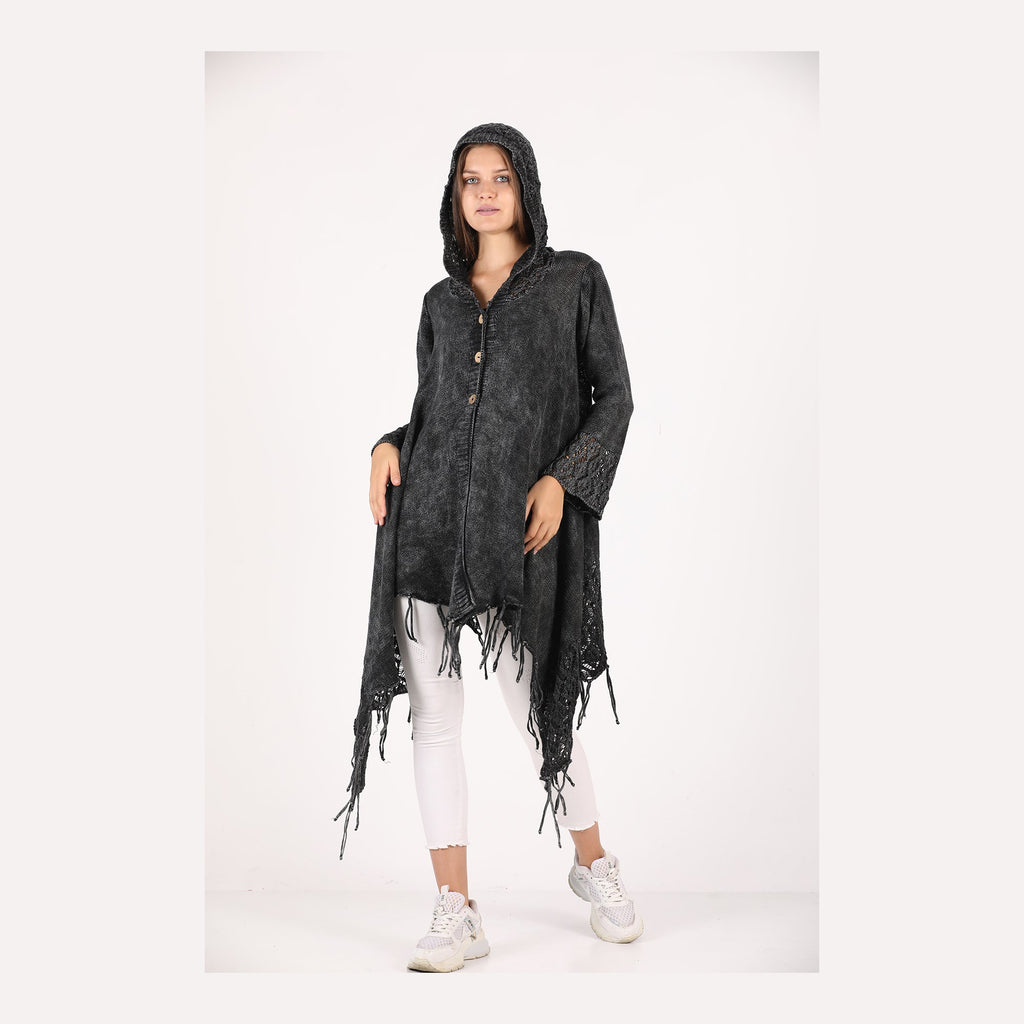 Fringe Long Hoodie Knitted  Cardigan
