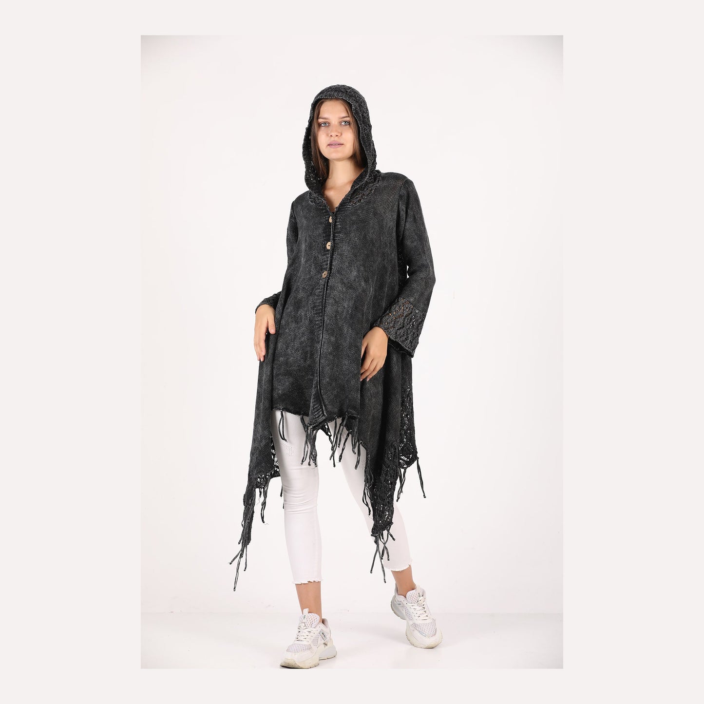Fringe Long Hoodie Knitted  Cardigan