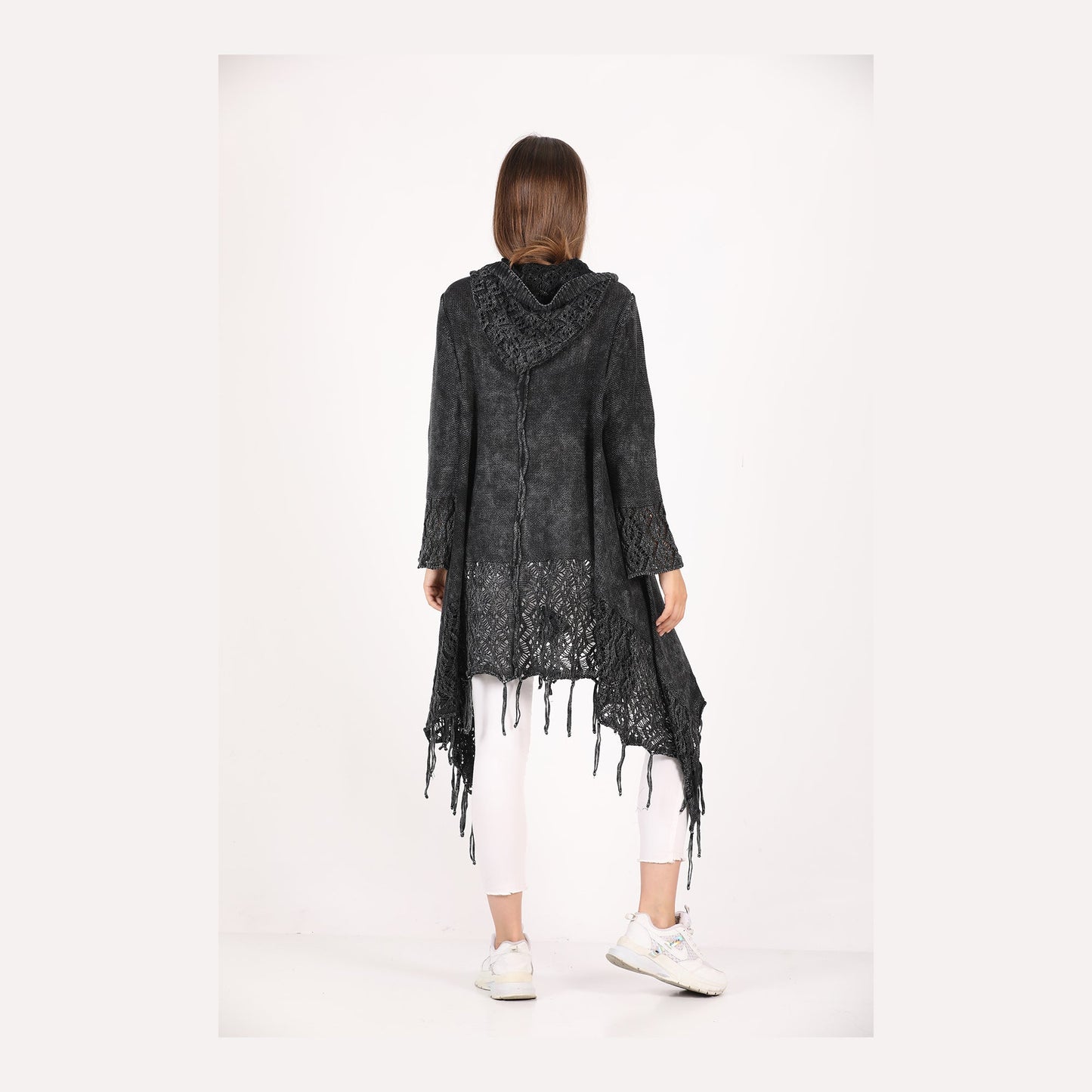 Fringe Long Hoodie Knitted  Cardigan