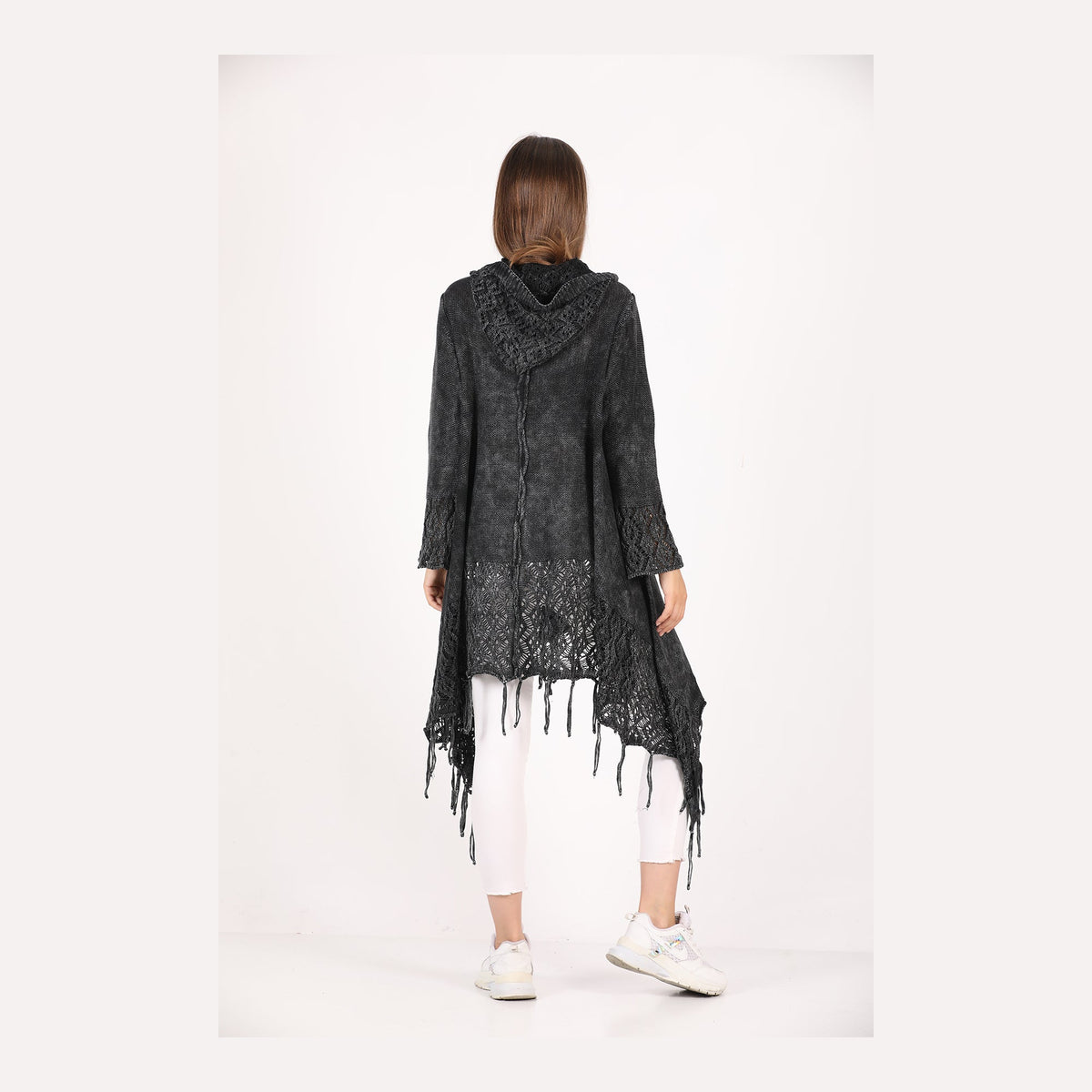 Fringe Long Hoodie Knitted  Cardigan