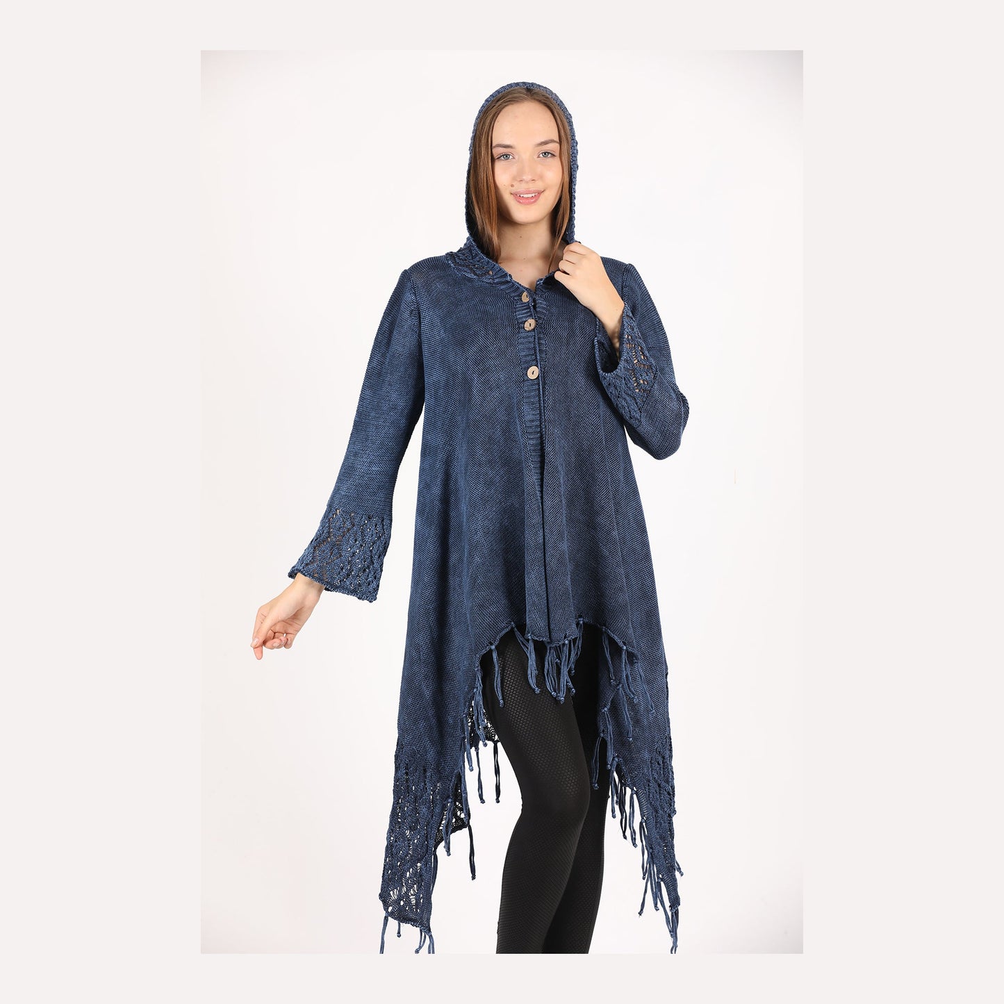 Fringe Long Hoodie Knitted  Cardigan