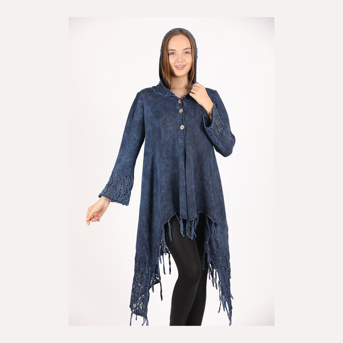Fringe Long Hoodie Knitted  Cardigan