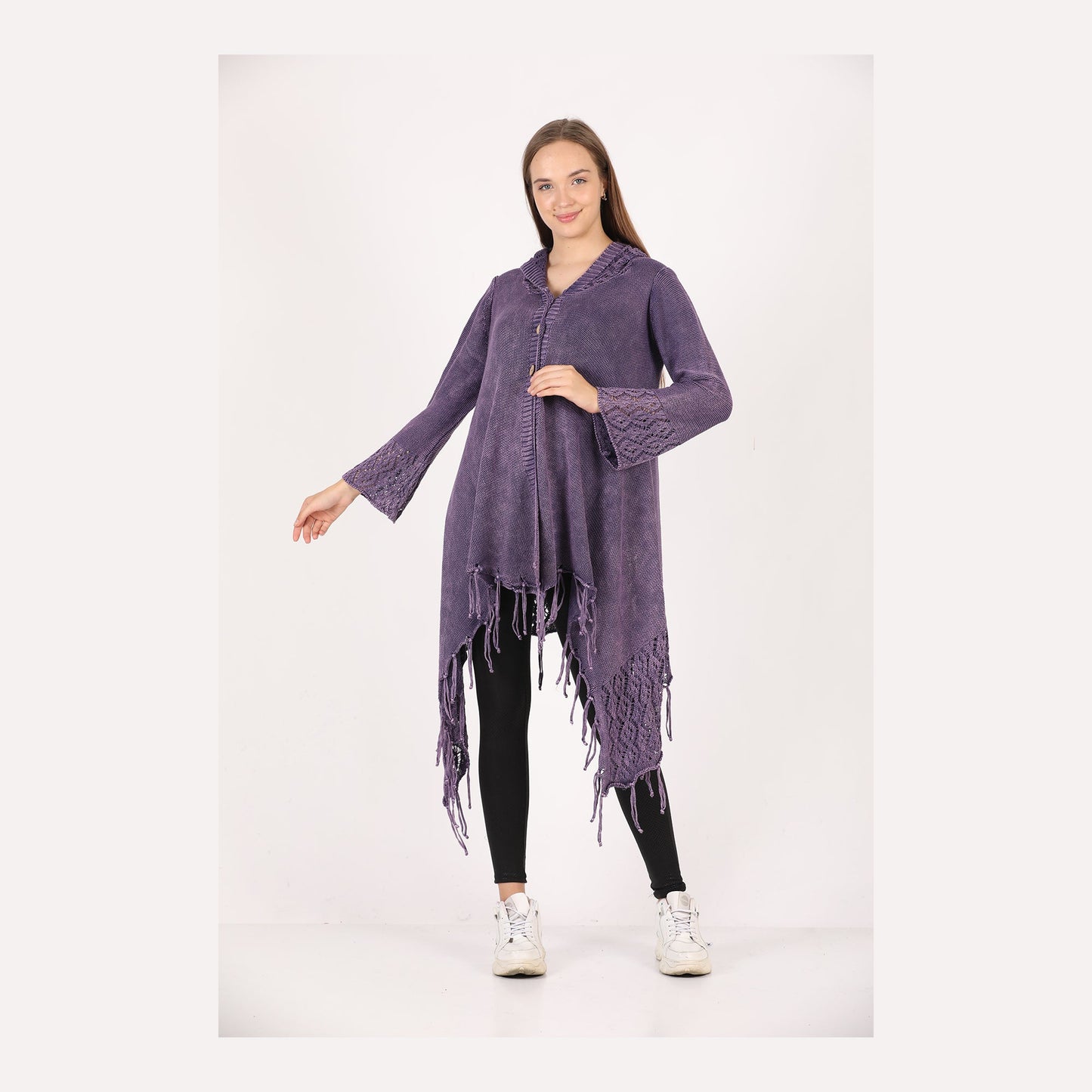 Fringe Long Hoodie Knitted  Cardigan