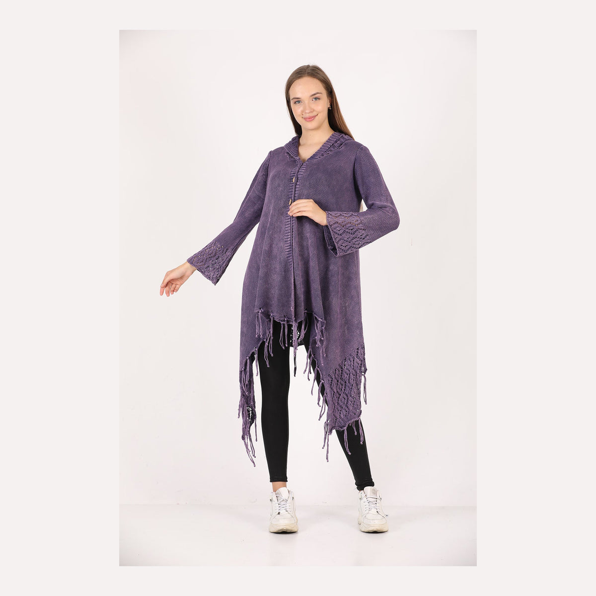 Fringe Long Hoodie Knitted  Cardigan