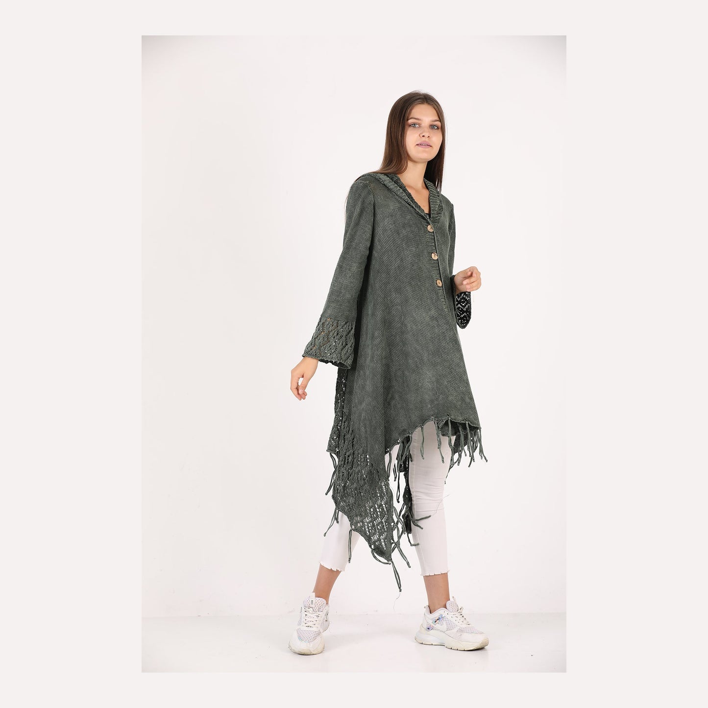 Fringe Long Hoodie Knitted  Cardigan