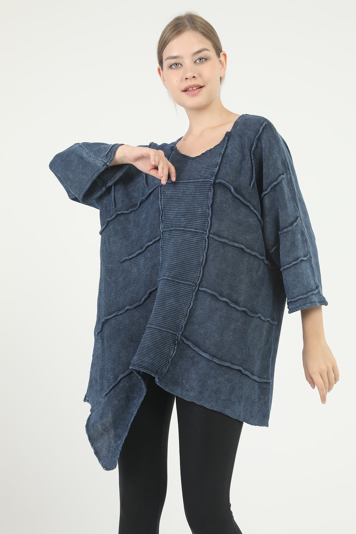 Navy Asymmetric Cut Detail Woman Knitted Sweater