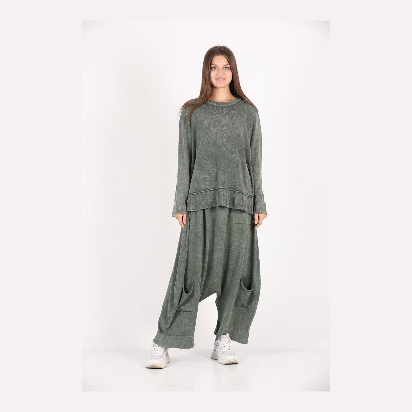 Khaki Oversize Bohemian Woman Pants with Pocket Details