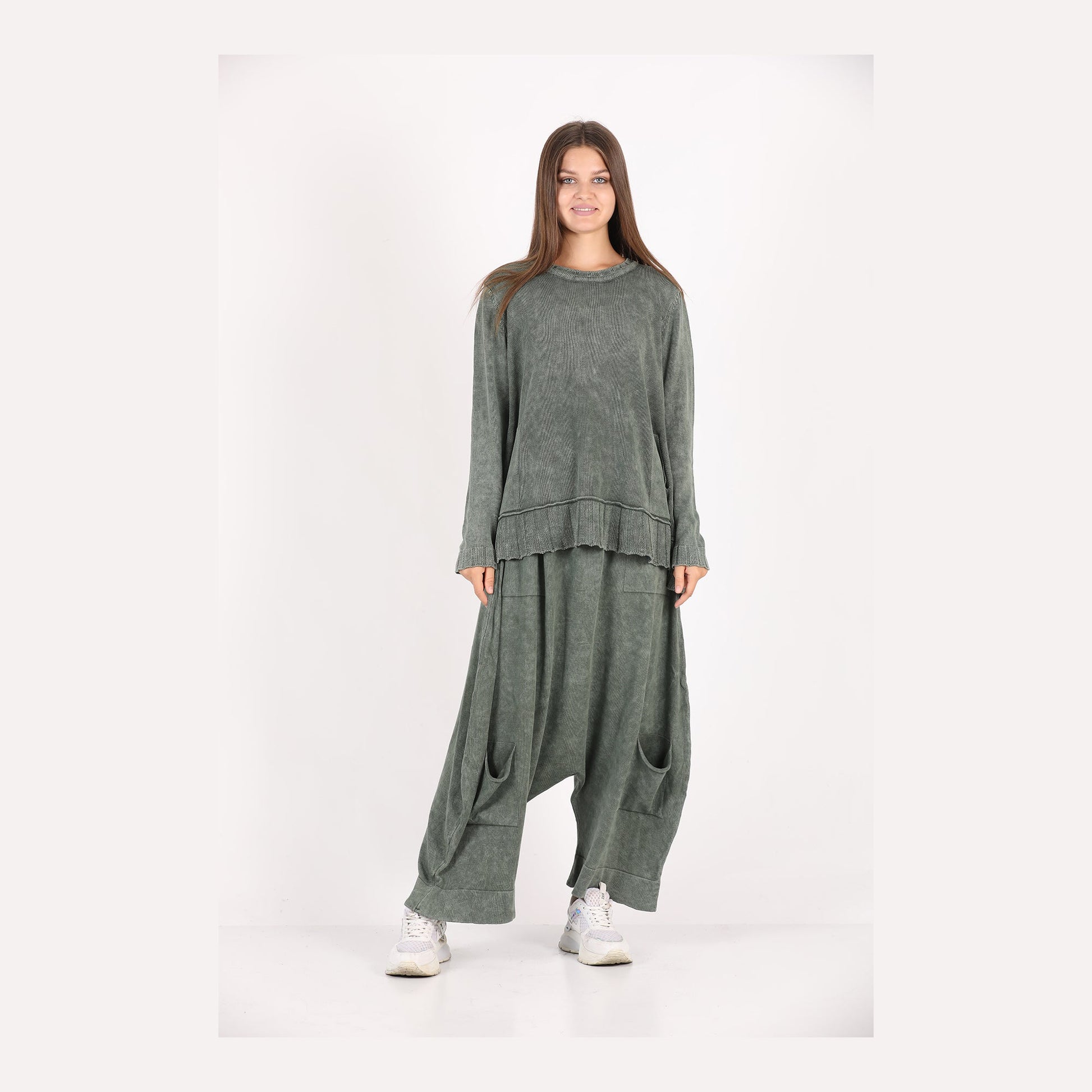 Khaki Oversize Bohemian Woman Pants with Pocket Details