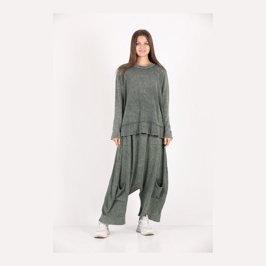 Khaki Oversize Bohemian Woman Pants with Pocket Details