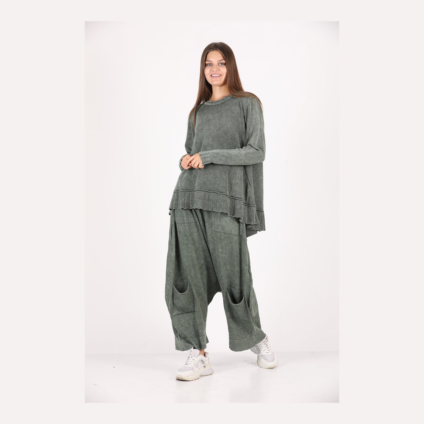 Khaki Oversize Bohemian Woman Pants with Pocket Details