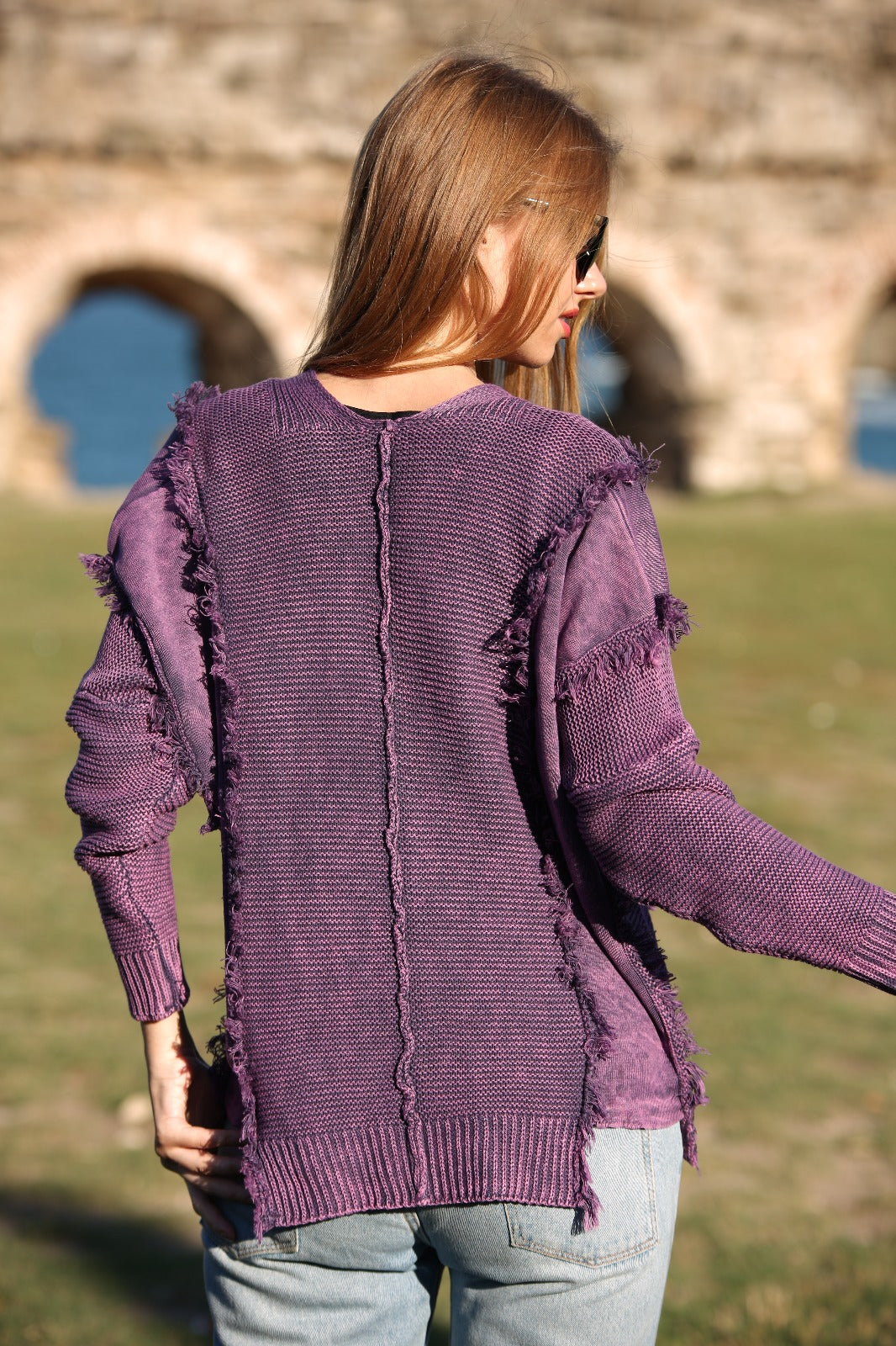 Deep Neck Frill Stone Washed Cotton Jumper