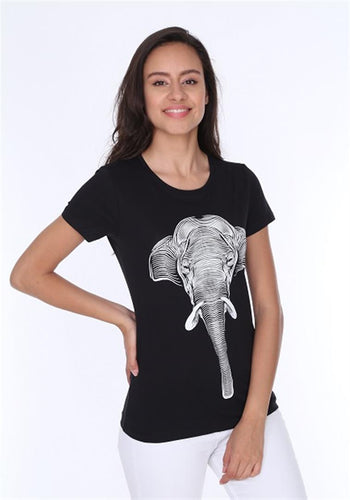 Black Elephant Printed Cotton Women T-shirt Tee Top Timya Wholesale S-Ponder