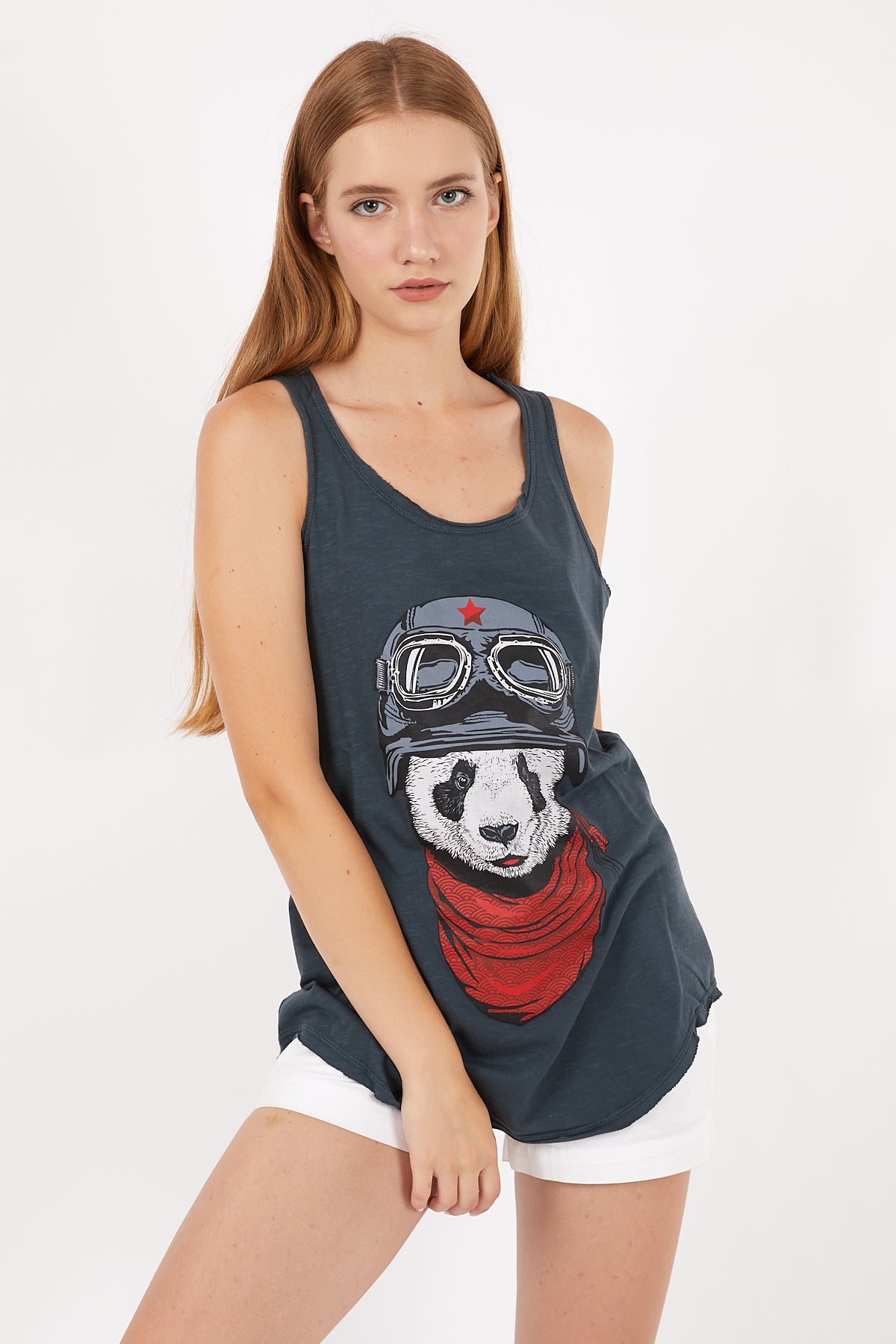 Stone Washed Panda Pilot Printed Cotton Women Vest