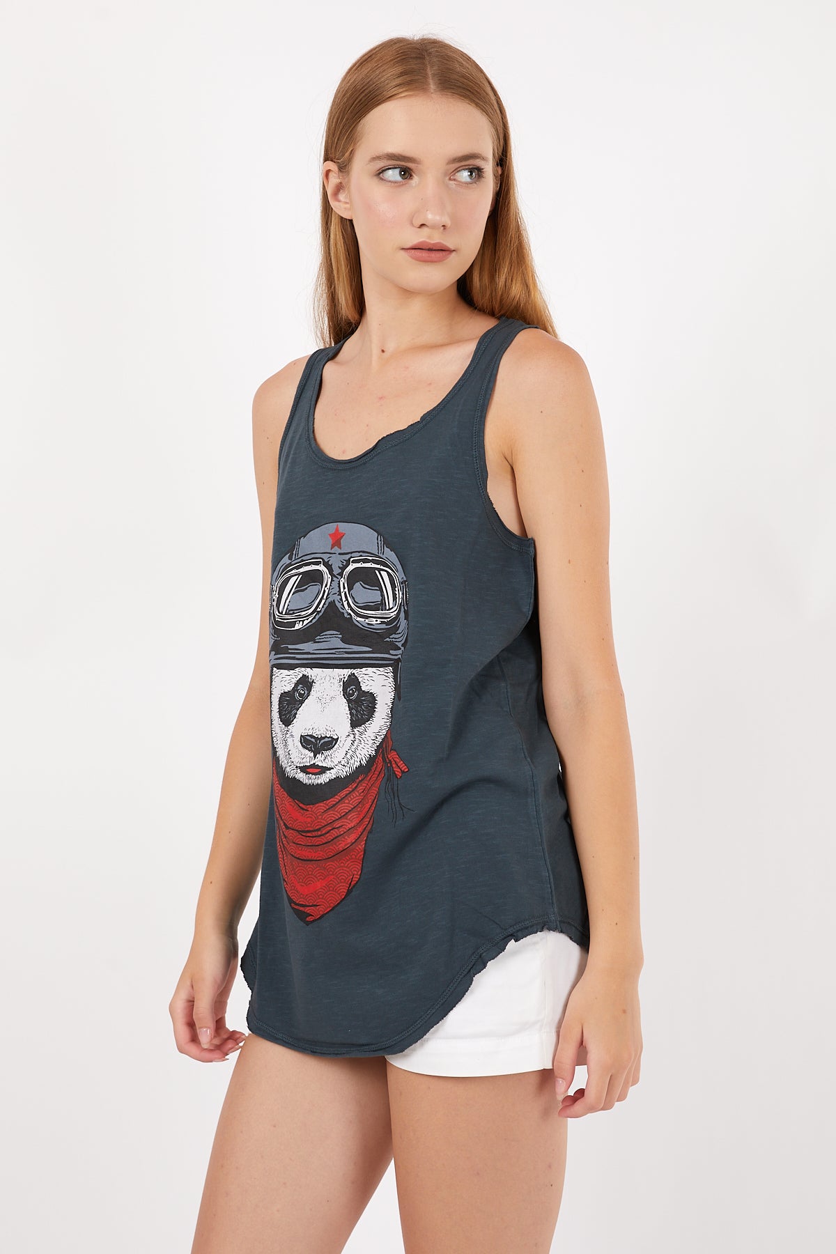 Stone Washed Panda Pilot Printed Cotton Women Vest
