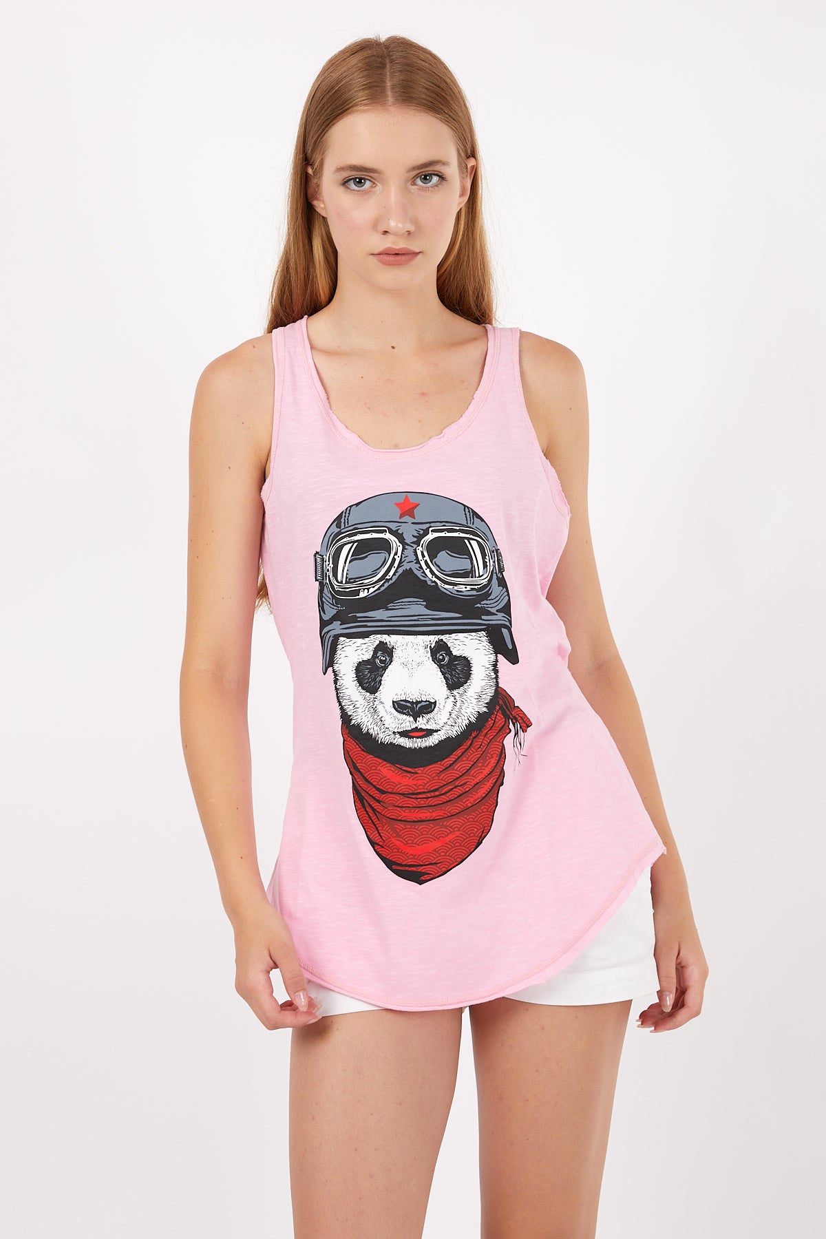 Stone Washed Panda Pilot Printed Cotton Women Vest