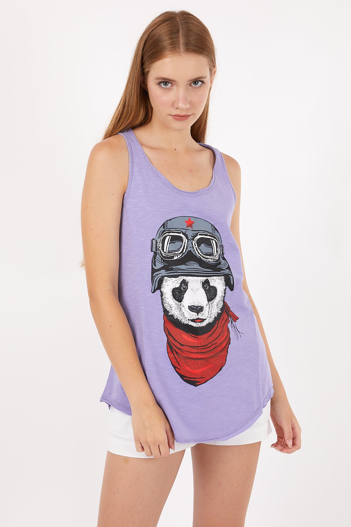Stone Washed Panda Pilot Printed Cotton Women Vest