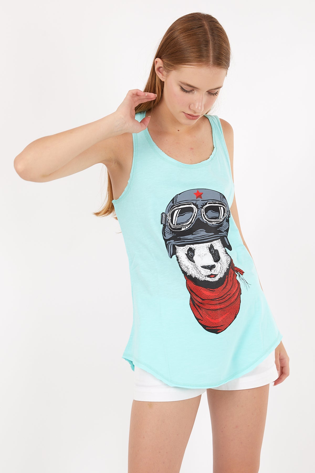 Stone Washed Panda Pilot Printed Cotton Women Vest