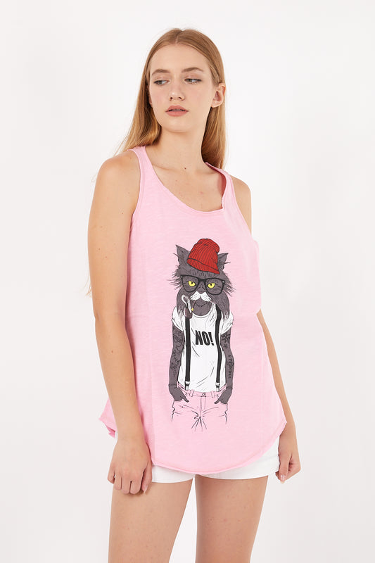 Stone Washed Red Hat Cat Cotton Women Top Tank