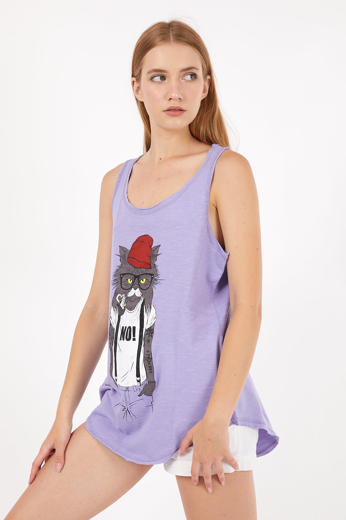 Stone Washed Red Hat Cat Cotton Women Top Tank