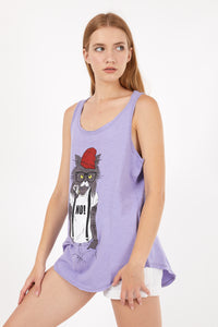 Stone Washed Red Hat Cat Cotton Women Top Tank
