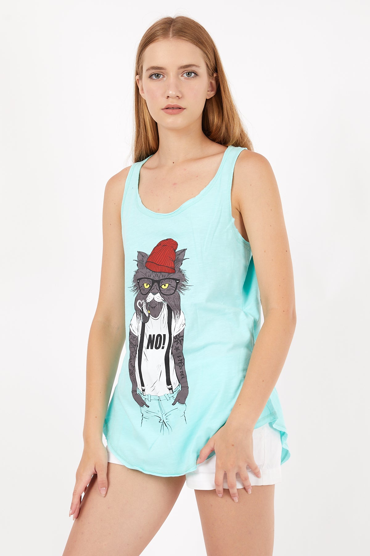 Stone Washed Red Hat Cat Cotton Women Top Tank