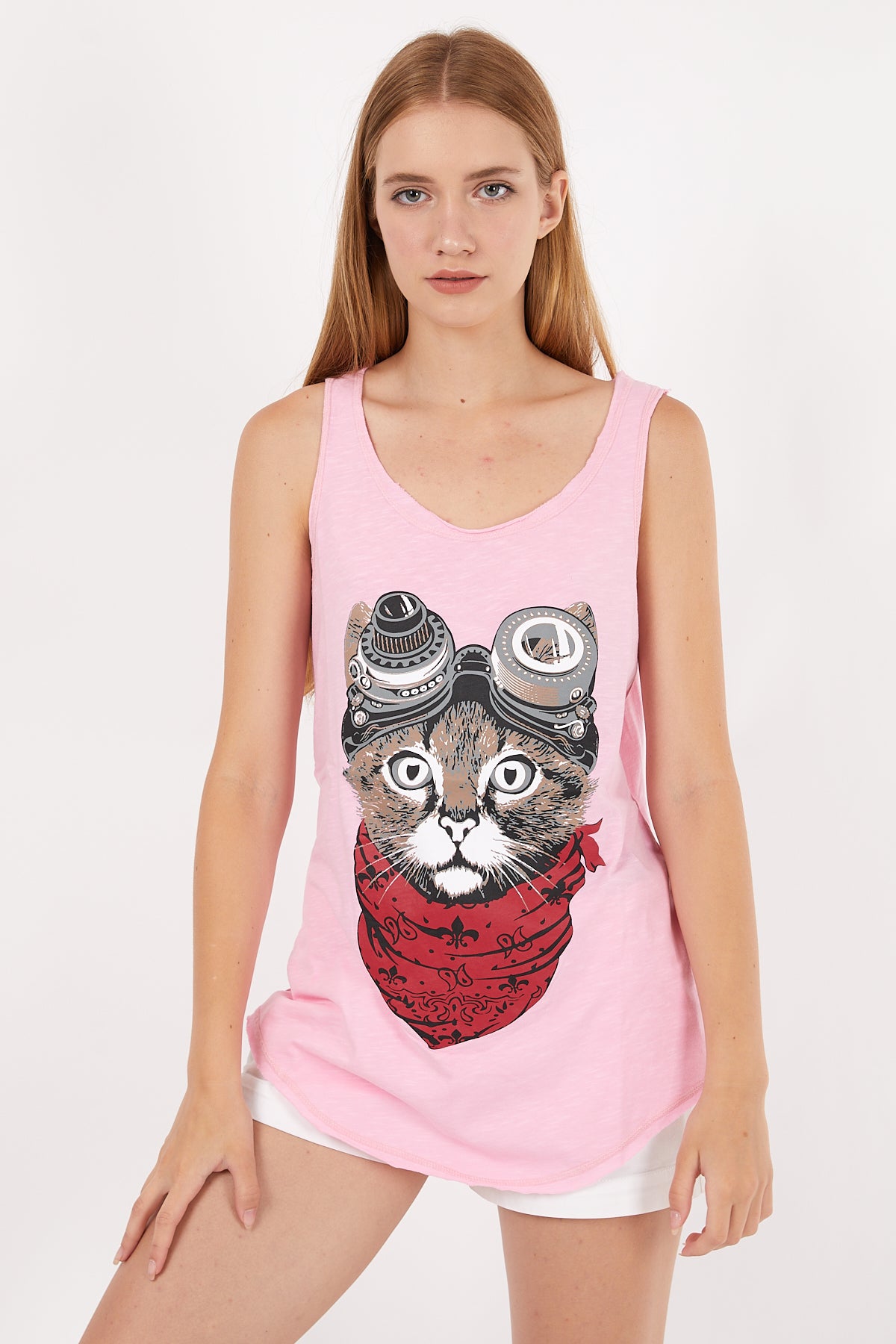 Stone Washed Google Cat Animal Printed Cotton Women Vest