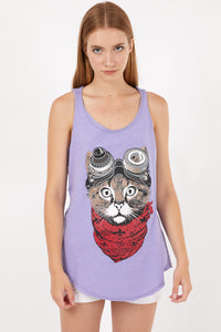 Stone Washed Google Cat Animal Printed Cotton Women Vest