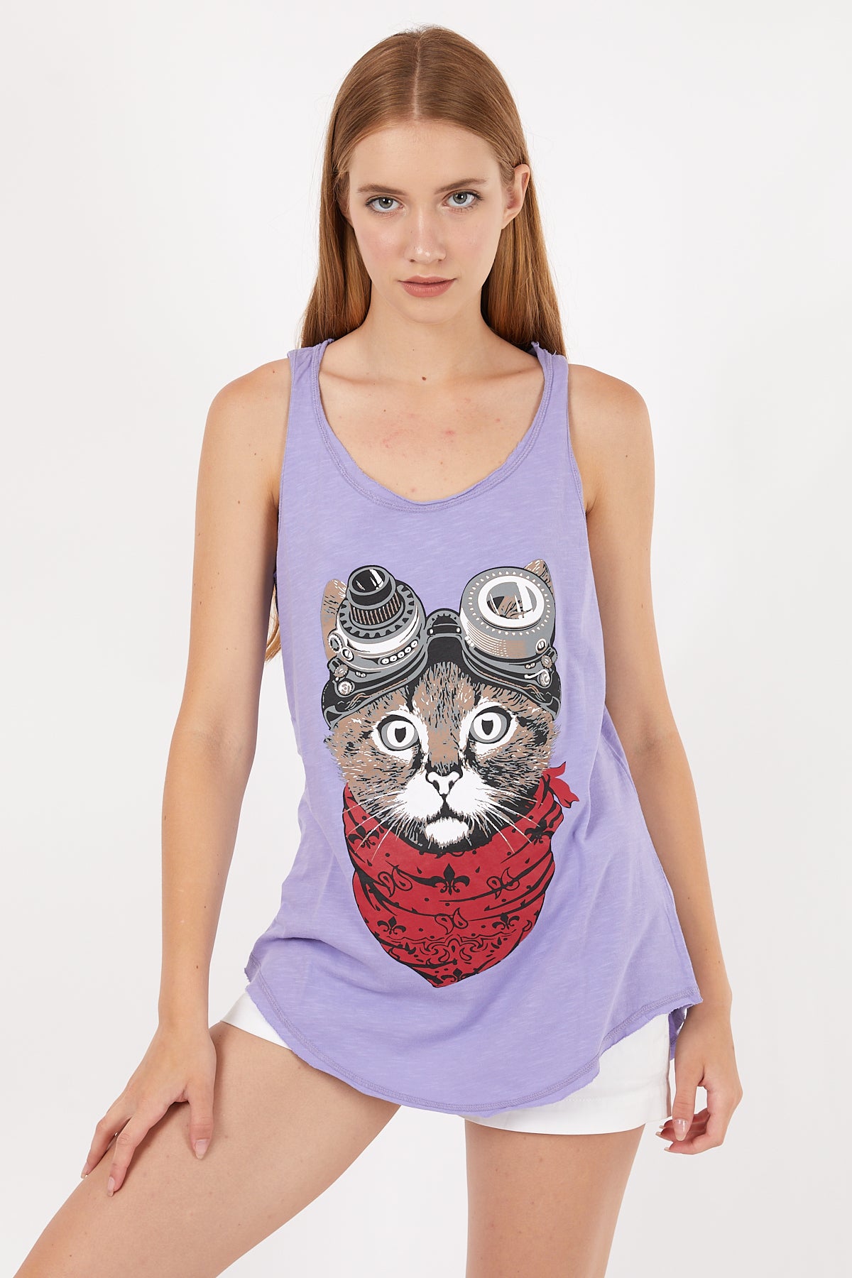 Stone Washed Google Cat Animal Printed Cotton Women Vest