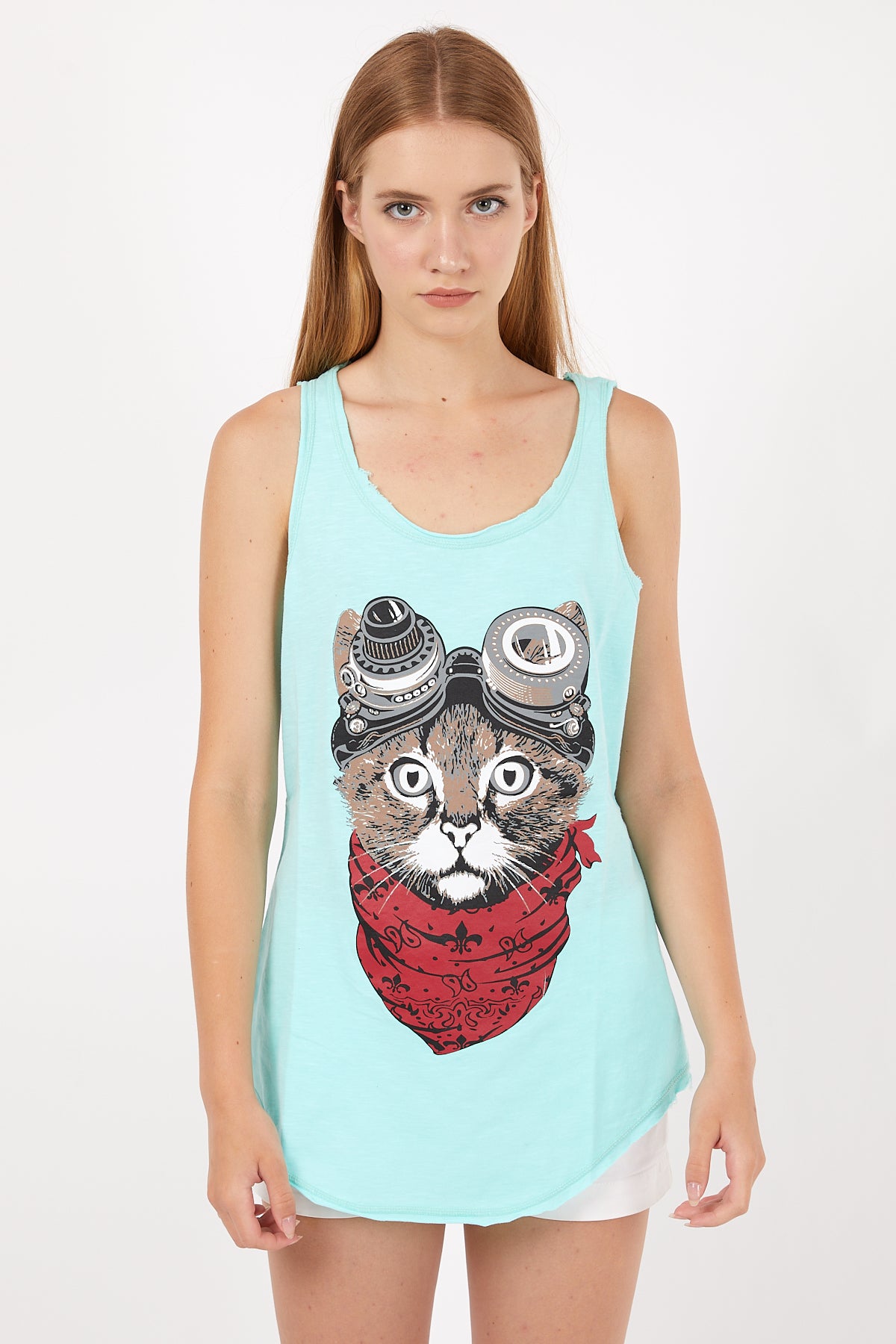 Stone Washed Google Cat Animal Printed Cotton Women Vest