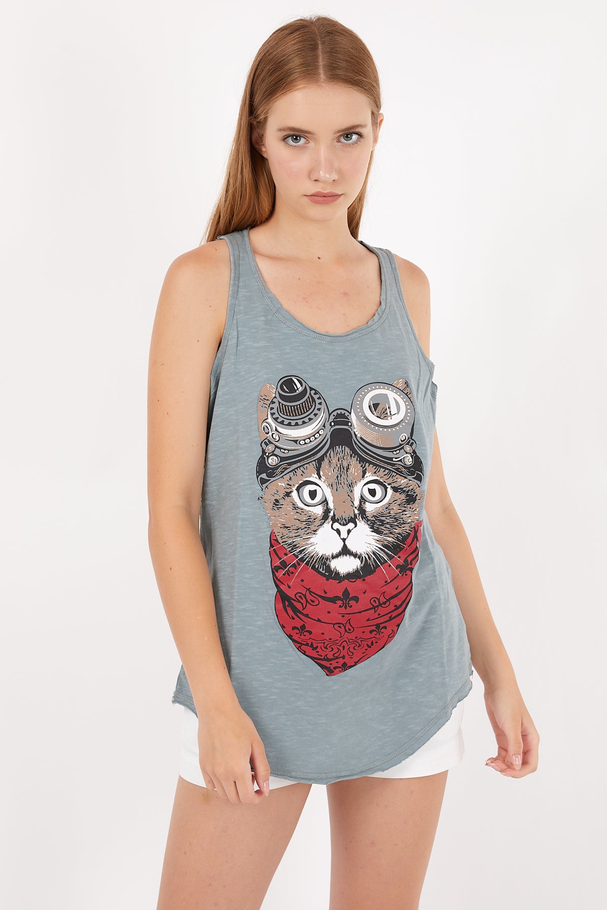 Stone Washed Google Cat Animal Printed Cotton Women Vest
