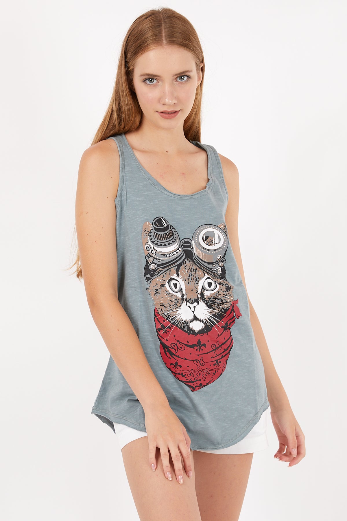 Stone Washed Google Cat Animal Printed Cotton Women Vest