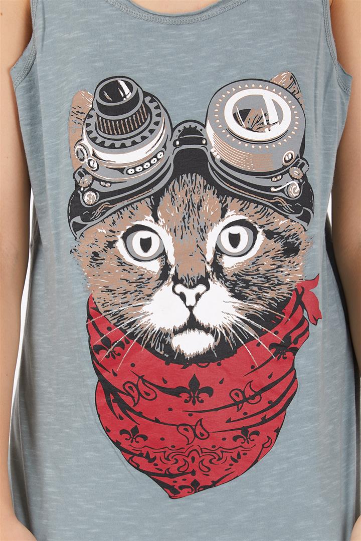 Stone Washed Google Cat Animal Printed Cotton Women Vest