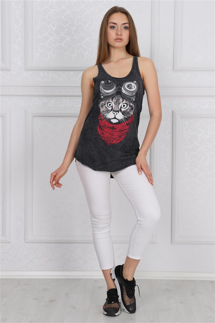 Stone Washed Google Cat Animal Printed Cotton Women Vest