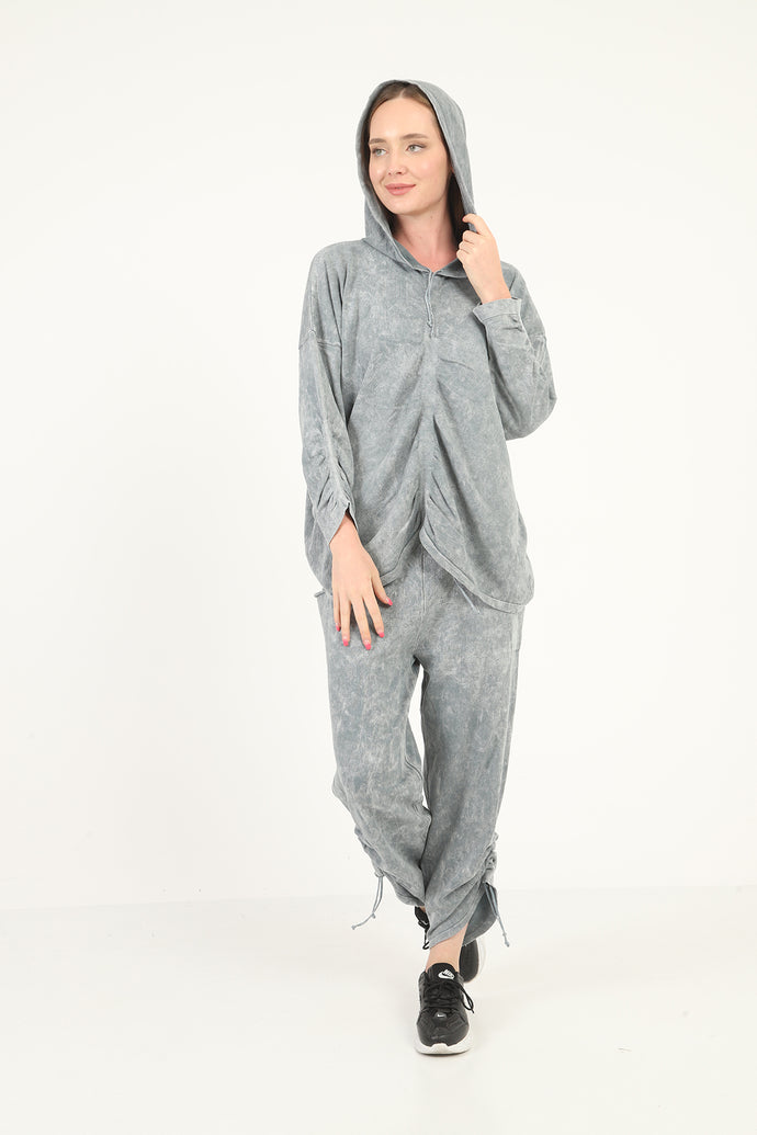 WASHED RUCHED HOODED COTTON LOUNGE-WEAR
