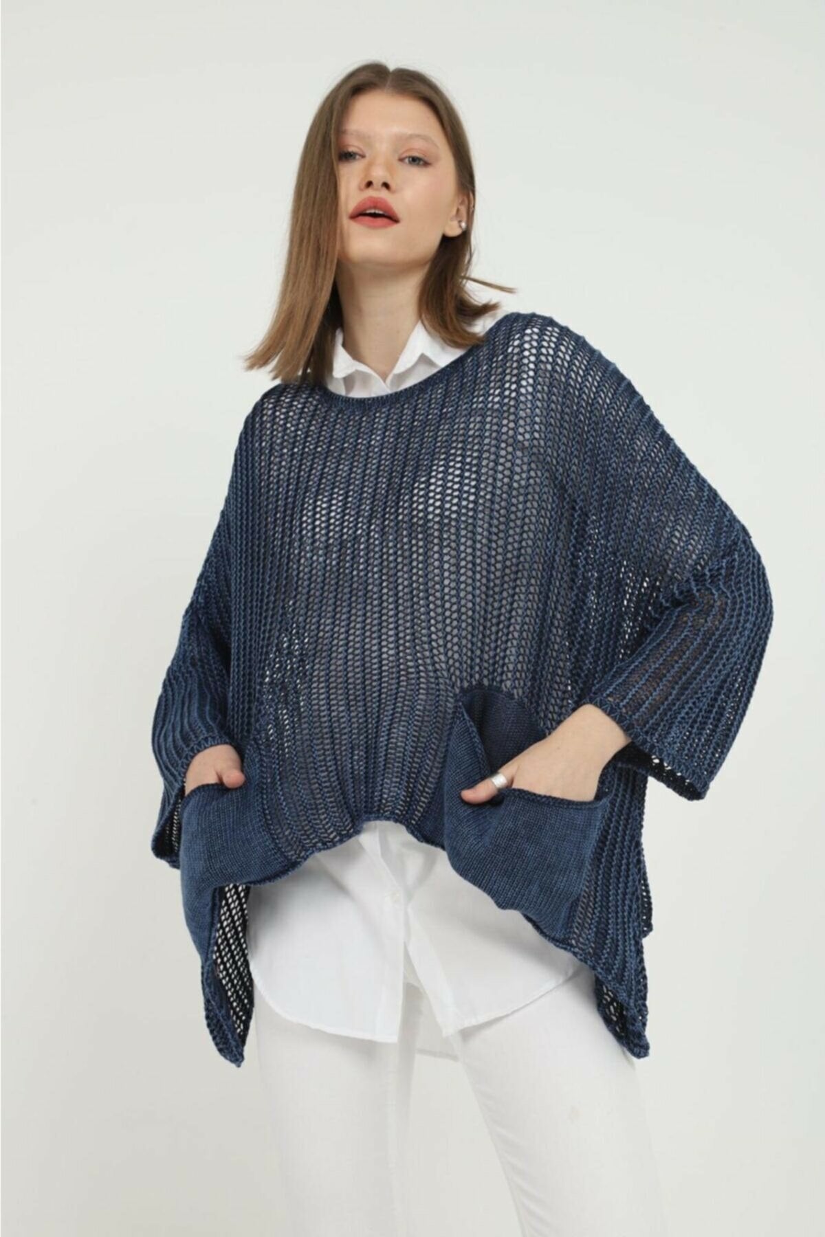 Fishtail Net Cropped Knit Women  Two Pocket Pullover  Tops